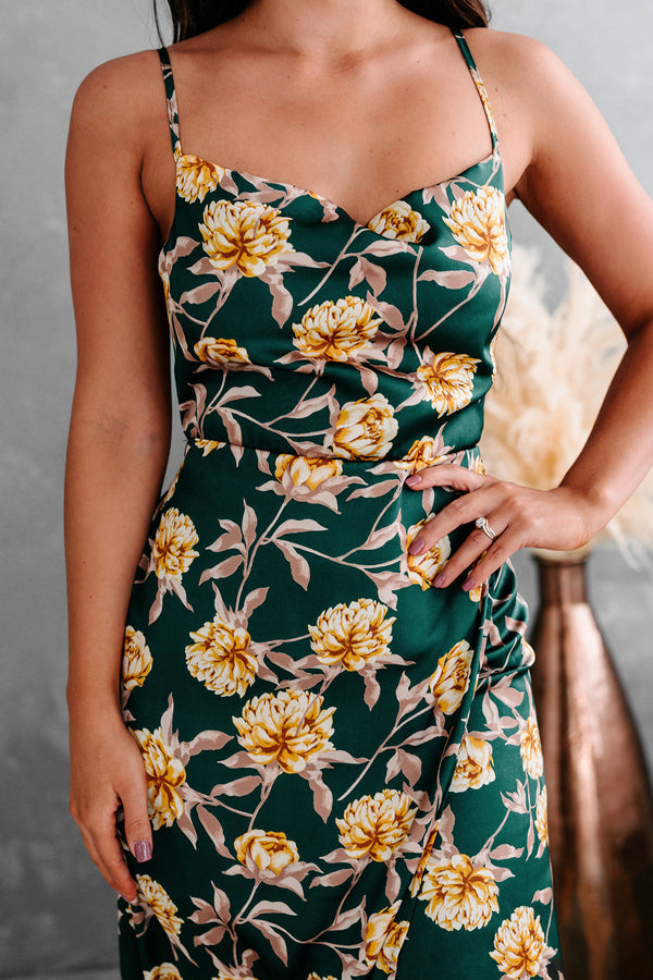 Getty High-Low Floral Satin Midi Dress (Hunter Green) - NanaMacs