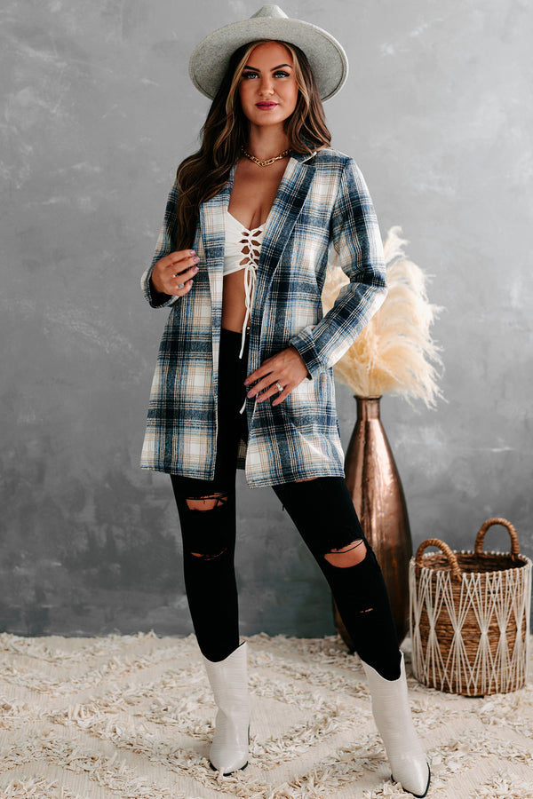 Simmer Down Open-Front Plaid Jacket (Navy) - NanaMacs