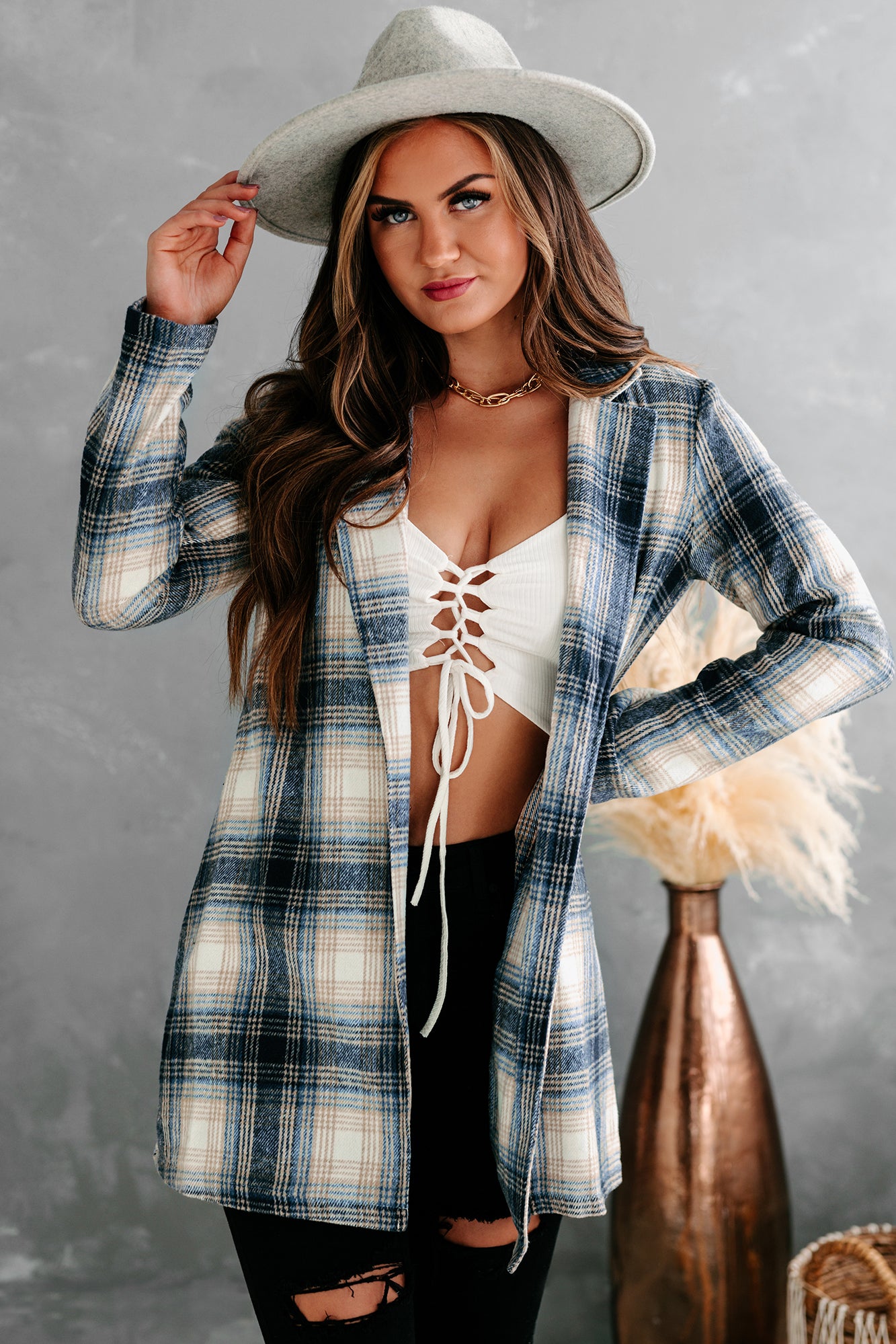 Simmer Down Open-Front Plaid Jacket (Navy) - NanaMacs