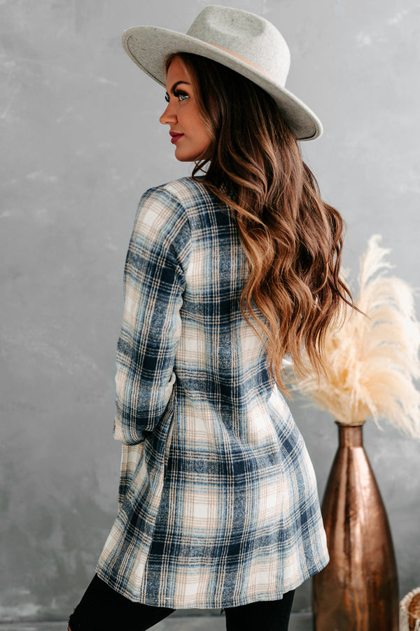 Simmer Down Open-Front Plaid Jacket (Navy) - NanaMacs