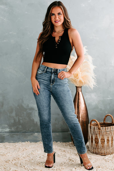 Jack Of All Trades Ribbed Button-Front Crop Top (Black) - NanaMacs