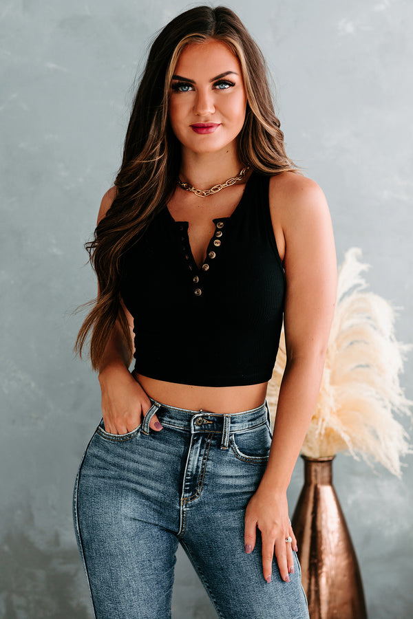 Jack Of All Trades Ribbed Button-Front Crop Top (Black) - NanaMacs