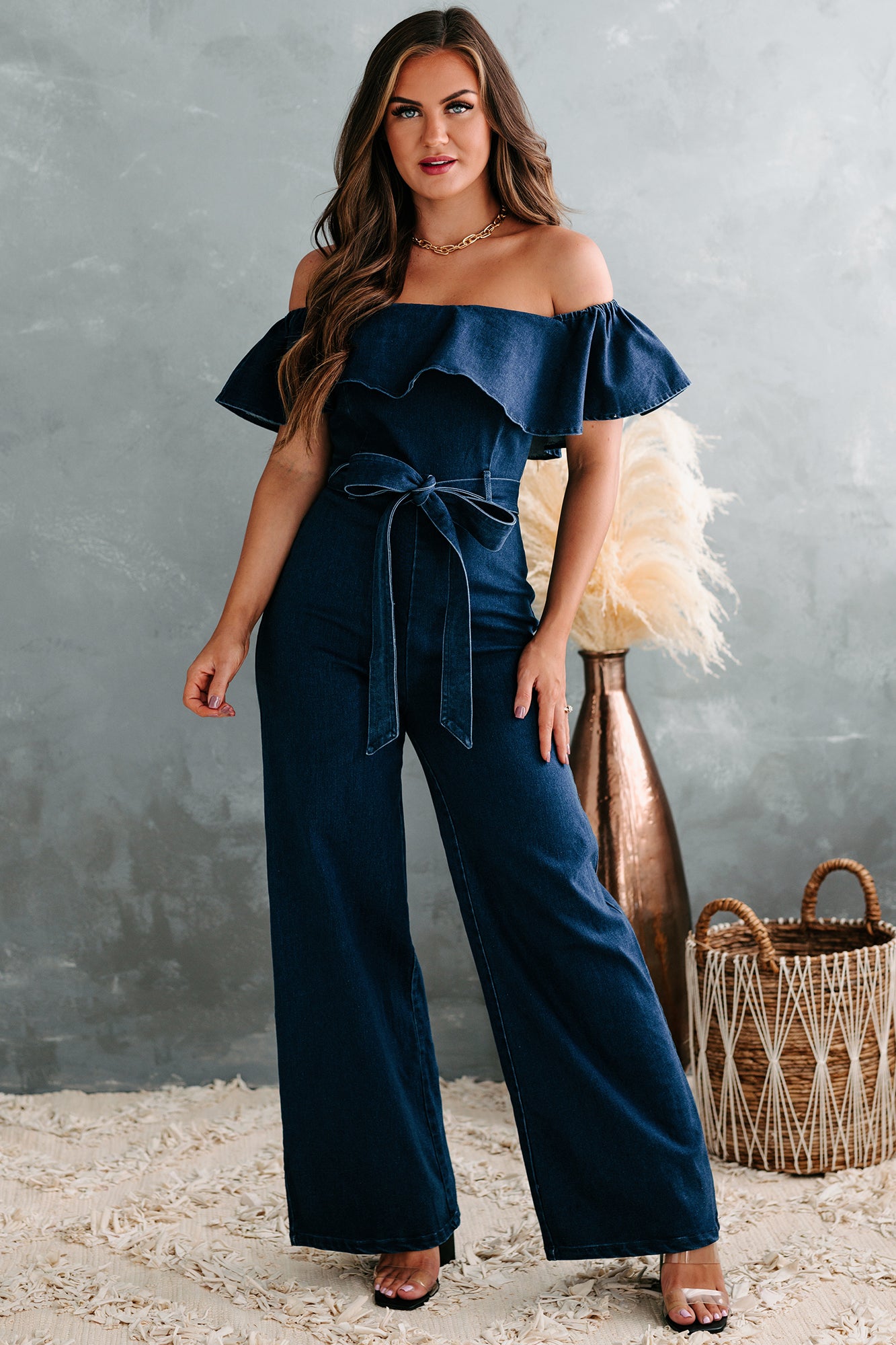 Lilly Off The Shoulder Ruffle Denim Jumpsuit (Indigo)