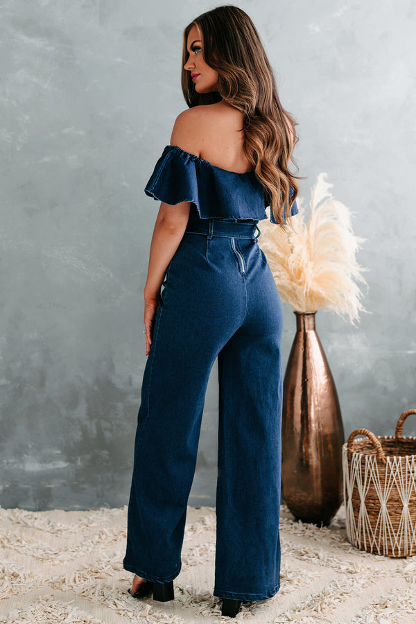 Lilly Off The Shoulder Ruffle Denim Jumpsuit (Indigo) - NanaMacs