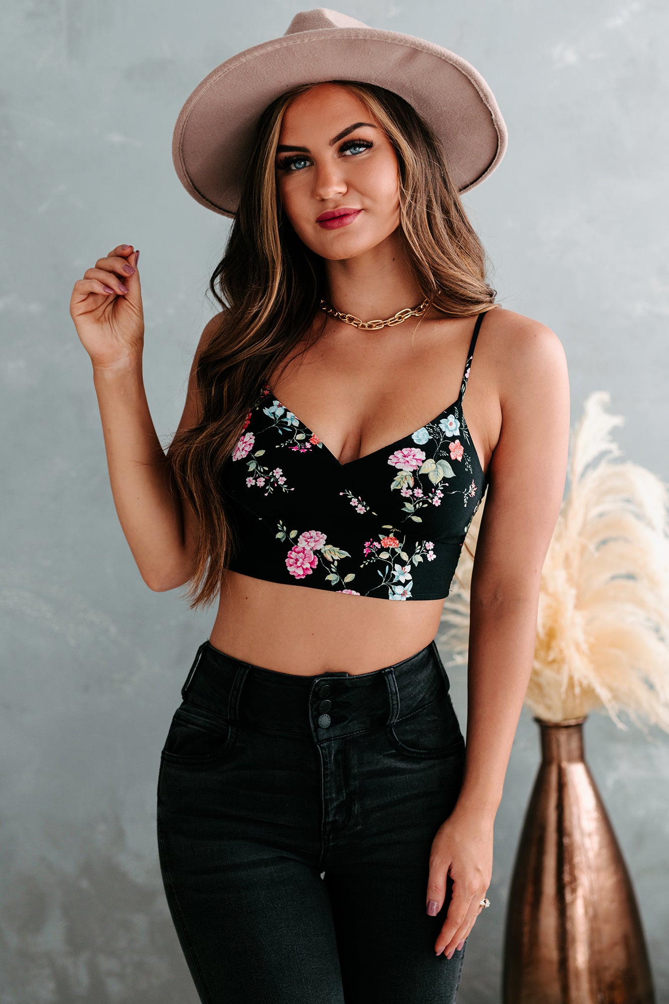 Runnin' On Sunshine Smocked Back Floral Crop Top (Black) - NanaMacs