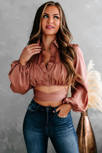 Elowen Silk Button Down Collared Crop Top (Dusty Rose) - NanaMacs