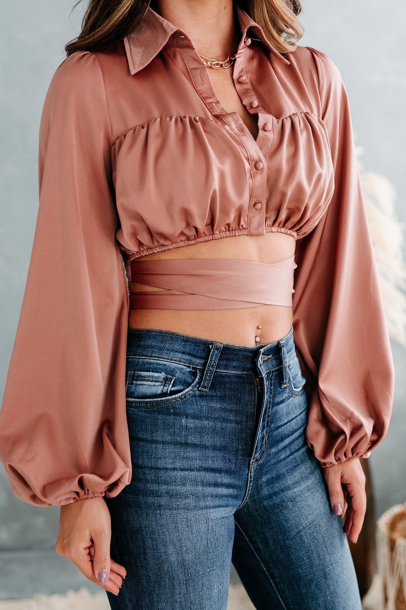 Elowen Silk Button Down Collared Crop Top (Dusty Rose) - NanaMacs