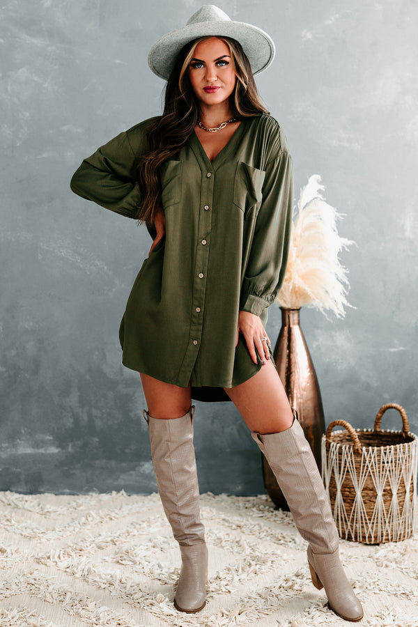 Lake Lover Long Sleeve Button Down Tunic Dress (Olive) - NanaMacs