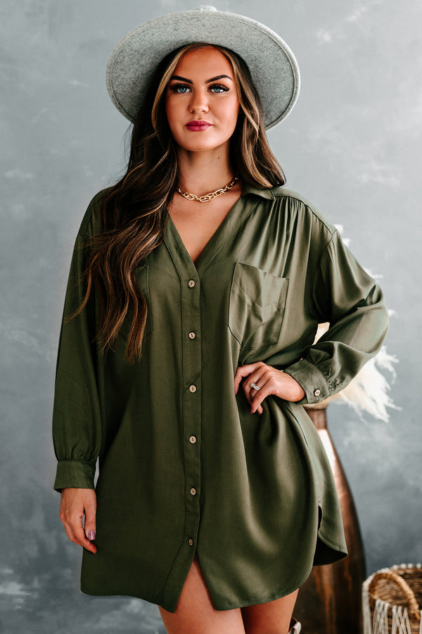 Lake Lover Long Sleeve Button Down Tunic Dress (Olive) - NanaMacs