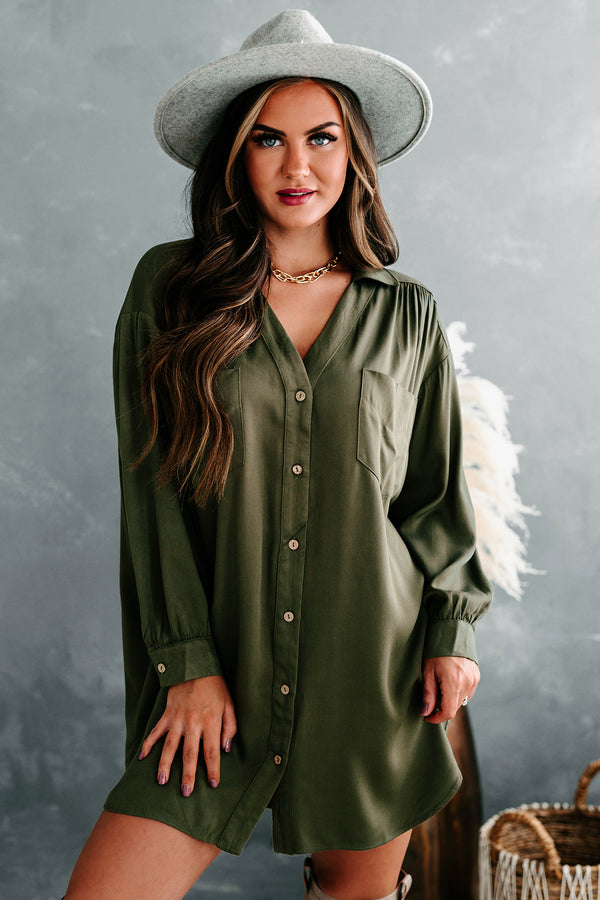 Lake Lover Long Sleeve Button Down Tunic Dress (Olive) - NanaMacs