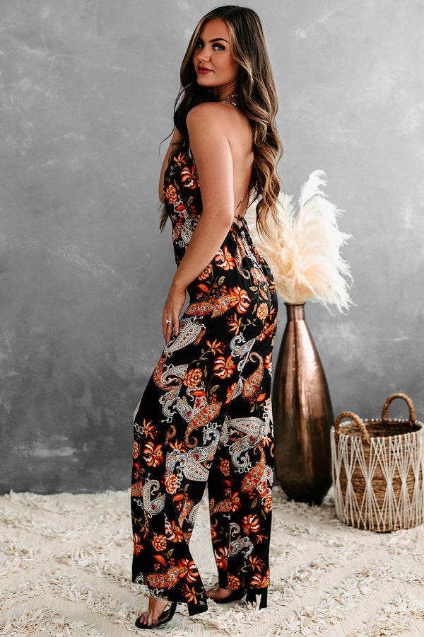 Trella Satin Printed Open-Back Jumpsuit (Black) - NanaMacs