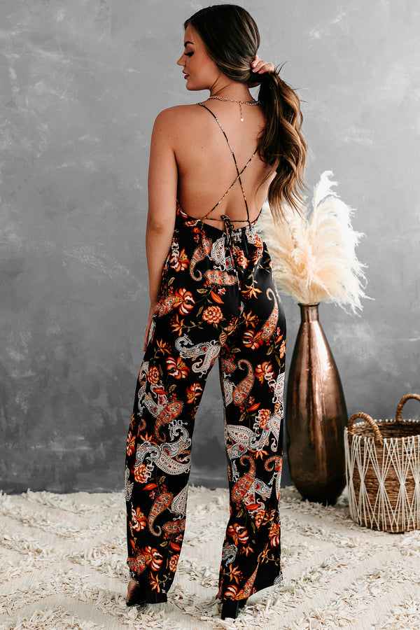 Trella Satin Printed Open-Back Jumpsuit (Black) - NanaMacs