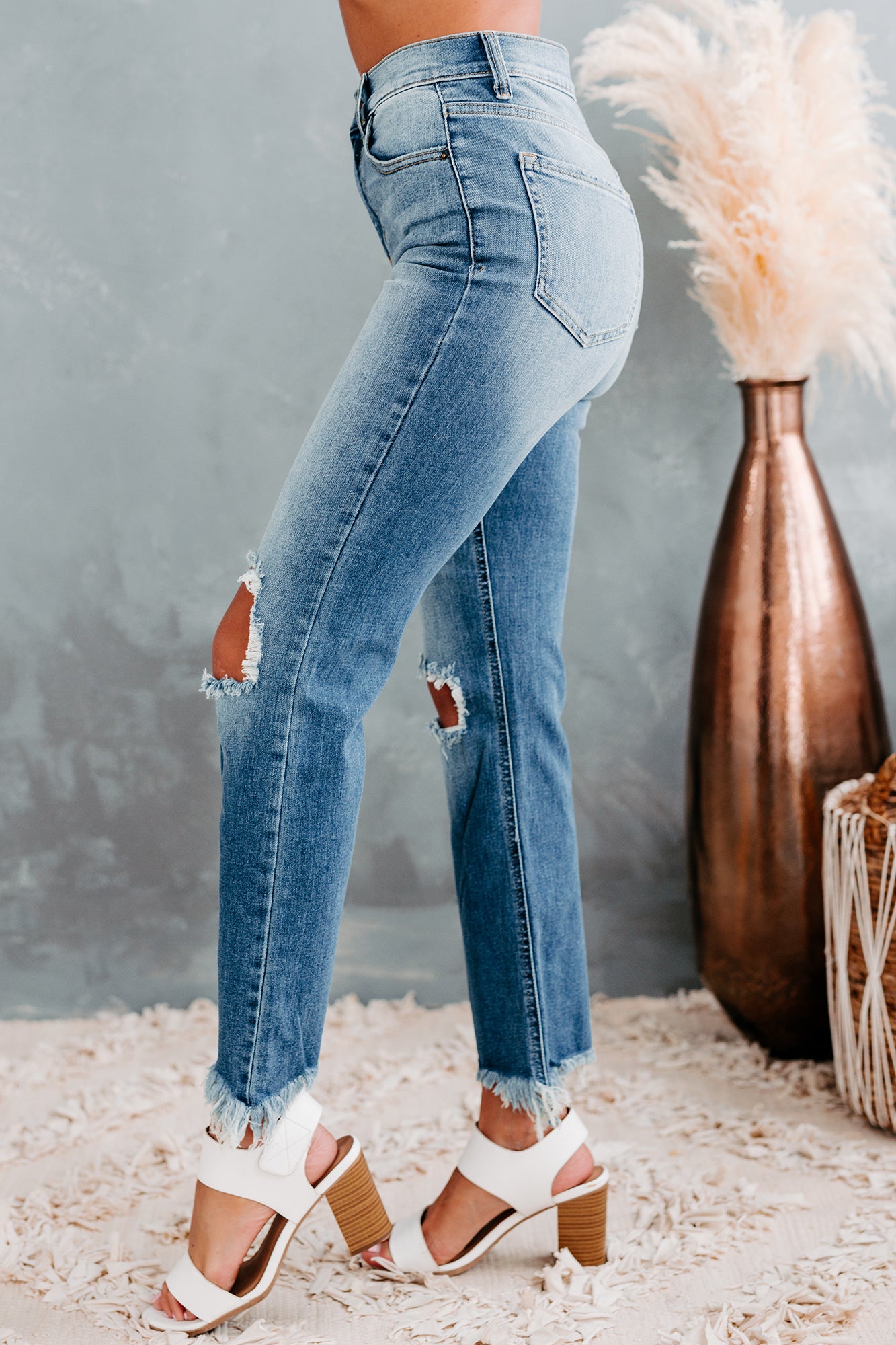 Cyrilla Sneak Peek High Rise Distressed Straight Leg Jeans (Medium Light) - NanaMacs
