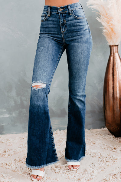 Solo Performance Sneak Peek High Rise Frayed Hem Flare Jeans (Medium Dark) - NanaMacs