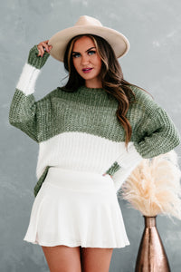 Want For Nothing Fuzzy Color Block Sweater (Olive) - NanaMacs