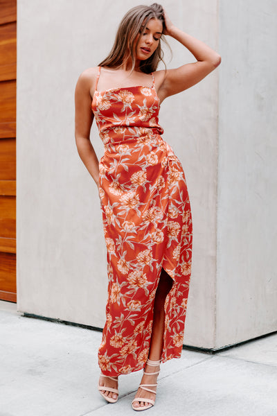 Getty High-Low Floral Satin Midi Dress (Rust) - NanaMacs