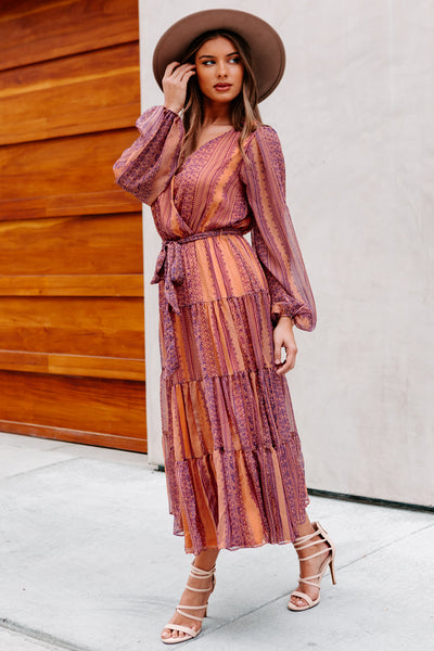 Lilith Printed Long Sleeve Midi Dress (Navy/Rust) - NanaMacs