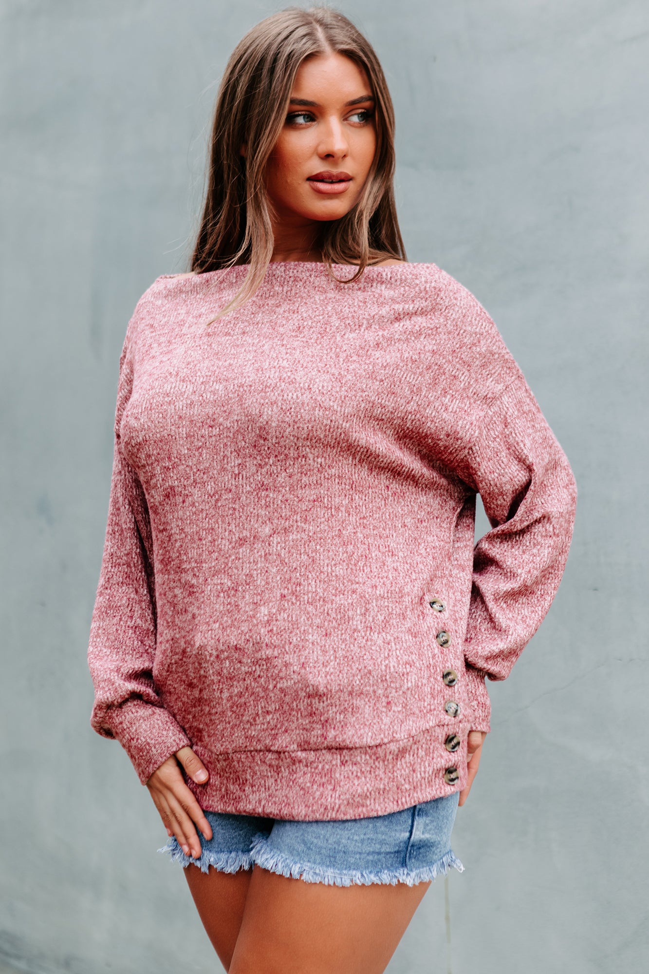 Mellowed Mindset Ribbed Off The Shoulder Sweater (Rose) - NanaMacs