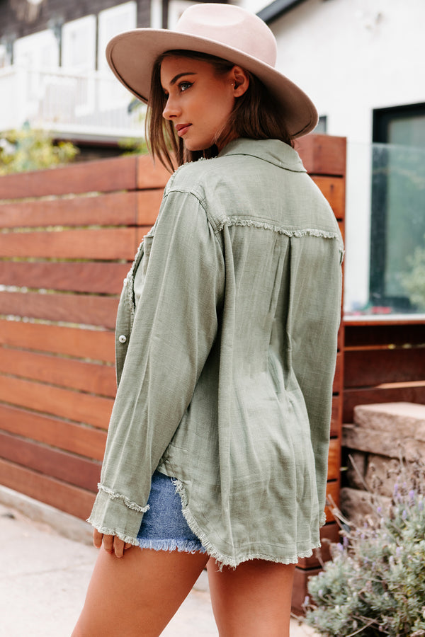 Add An Edge Raw Hem Button Down Tunic Top (Light Olive) - NanaMacs