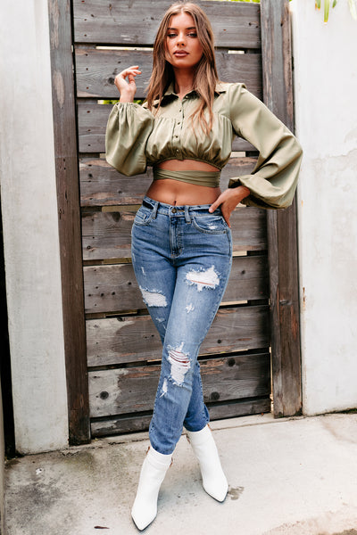 Elowen Silk Button Down Collared Crop Top (Olive) - NanaMacs