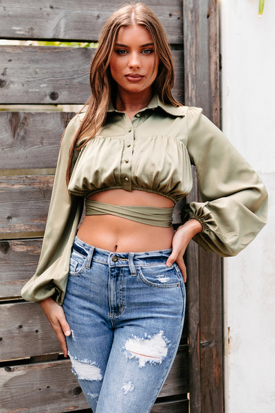 Elowen Silk Button Down Collared Crop Top (Olive) - NanaMacs