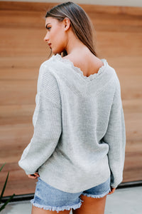 Jump In Lace-Trimmed V-Neck Sweater (Grey) - NanaMacs