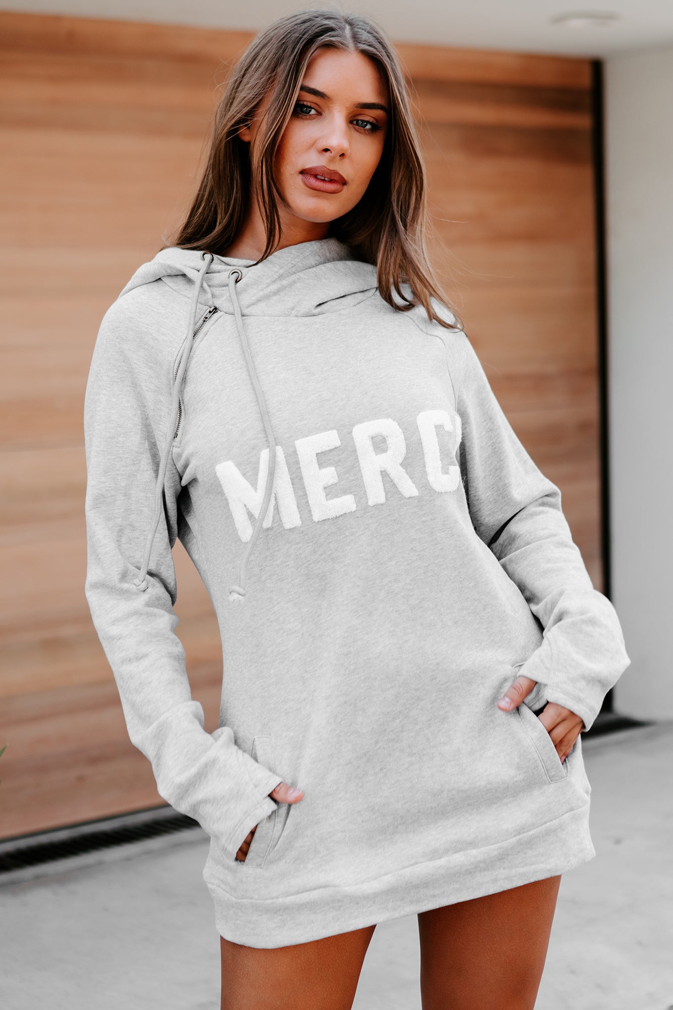 "Merci" Patched Hoodie (Heather Grey) - NanaMacs