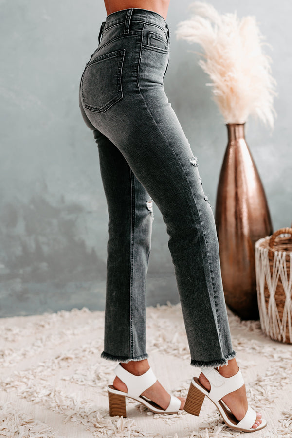 Reece Sneak Peek High Rise Distressed Straight Leg Jeans (Black Wash) - NanaMacs