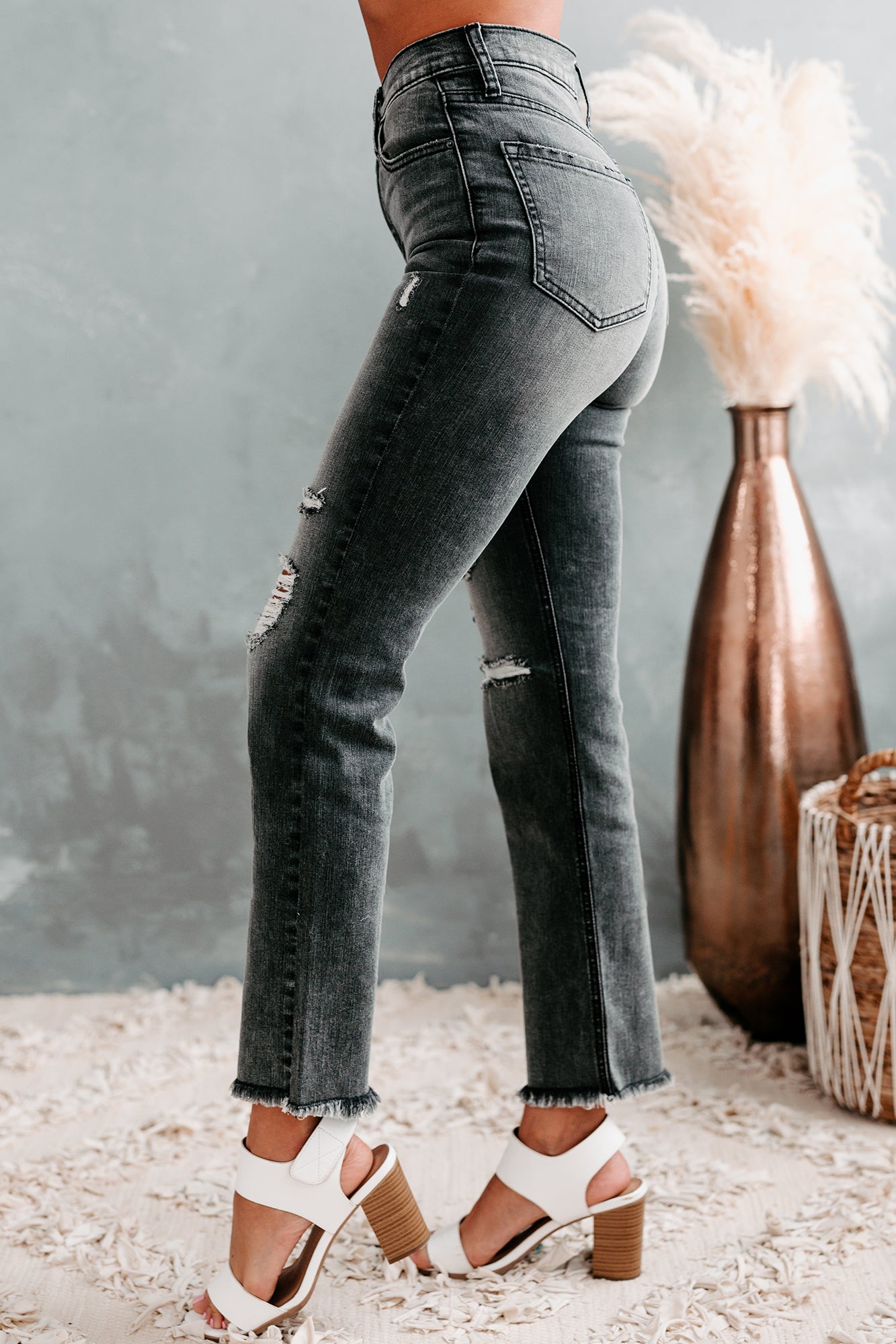 Reece Sneak Peek High Rise Distressed Straight Leg Jeans (Black Wash) - NanaMacs