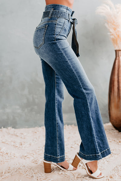 Meet & Greet Sneak Peek High Rise Belted Flare Jeans (Medium Dark) - NanaMacs