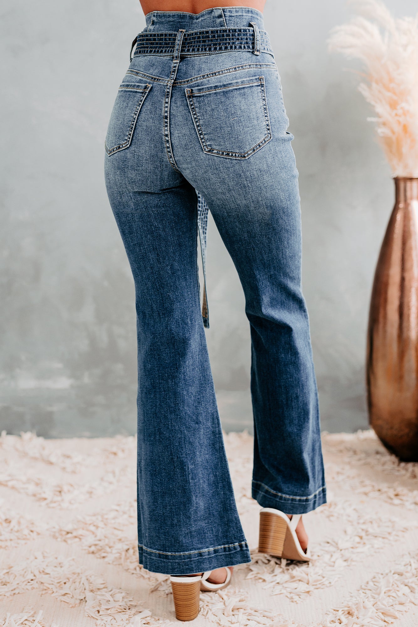 Meet & Greet Sneak Peek High Rise Belted Flare Jeans (Medium Dark) - NanaMacs