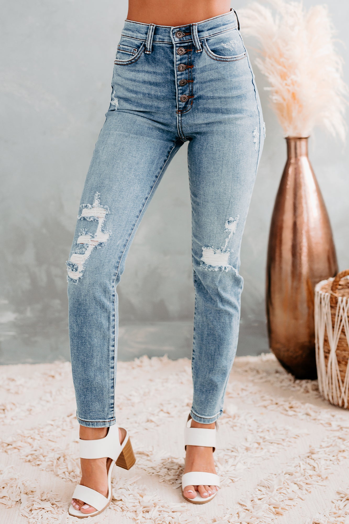 Break Away Sneak Peek High Rise Button-Down Skinny Jeans (Light Vintage) - NanaMacs