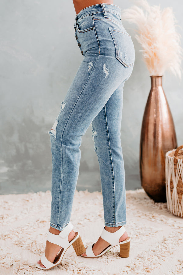 Break Away Sneak Peek High Rise Button-Down Skinny Jeans (Light Vintage) - NanaMacs