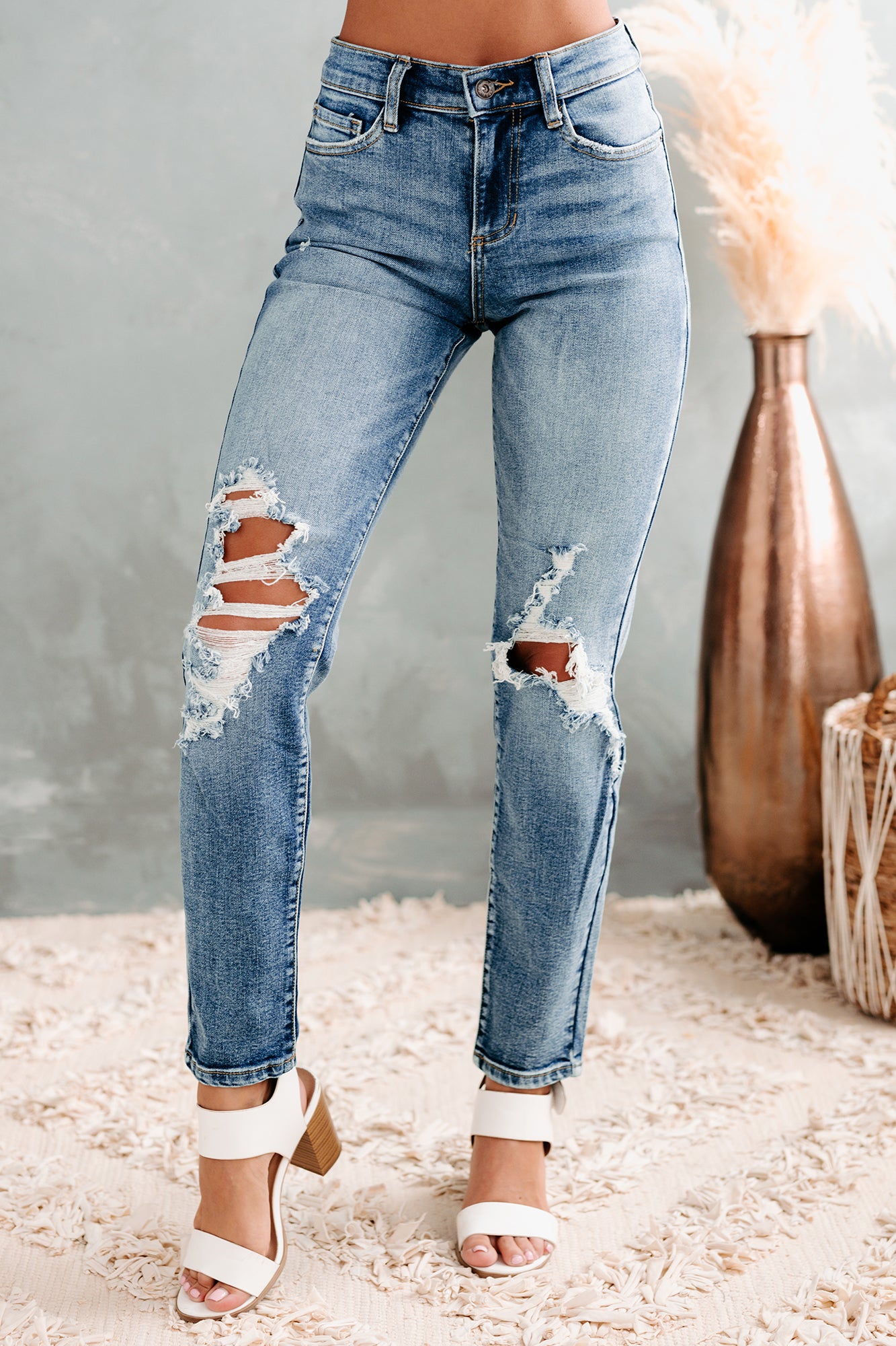Breanna Distressed Mid Rise Sneak Peek Jeans (Medium Dark) - NanaMacs