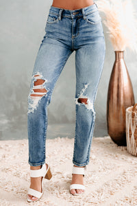 Breanna Distressed Mid Rise Sneak Peek Jeans (Medium Dark) - NanaMacs