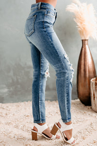 Breanna Distressed Mid Rise Sneak Peek Jeans (Medium Dark) - NanaMacs
