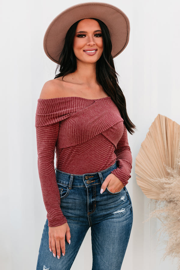 Finito Off-The-Shoulder Ribbed Long Sleeve Top (Wine) - NanaMacs