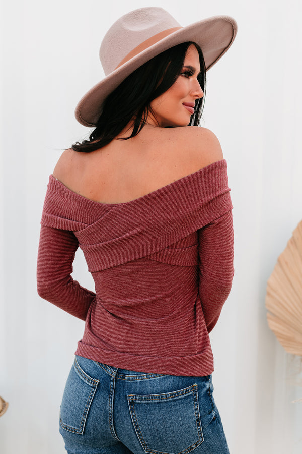 Finito Off-The-Shoulder Ribbed Long Sleeve Top (Wine) - NanaMacs