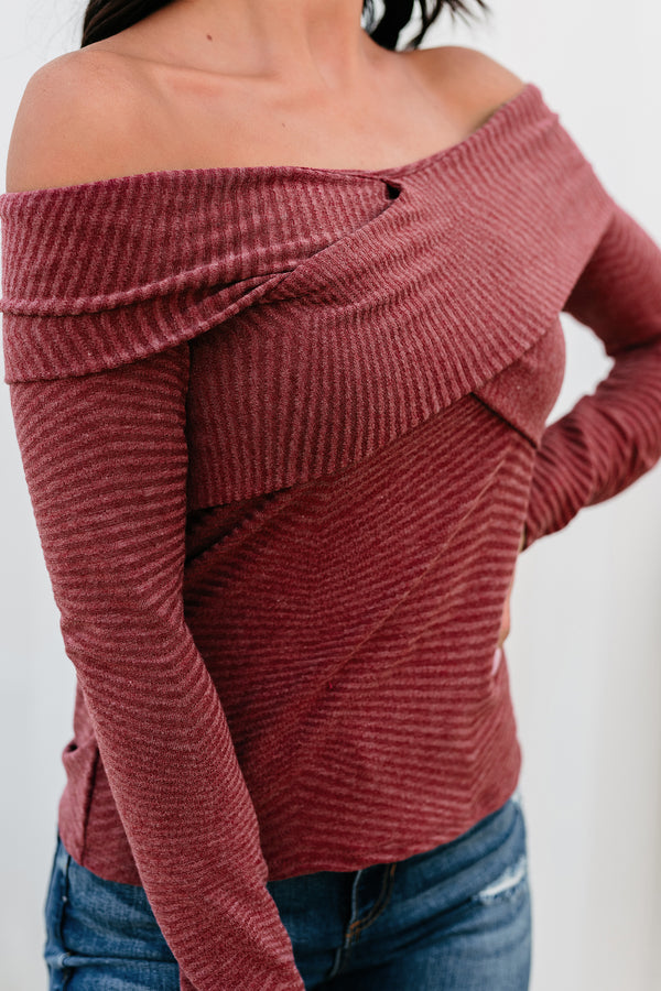 Finito Off-The-Shoulder Ribbed Long Sleeve Top (Wine) - NanaMacs