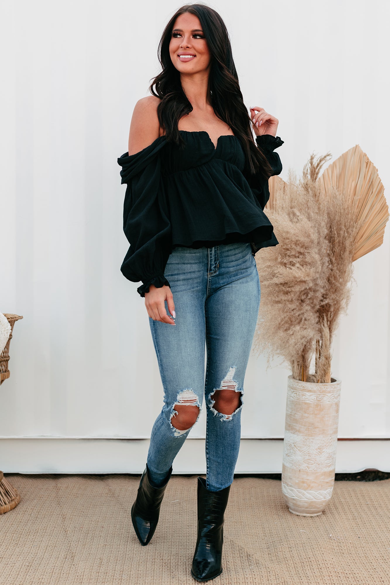 Kathryn Off The Shoulder Long Sleeve Top (Black) - NanaMacs