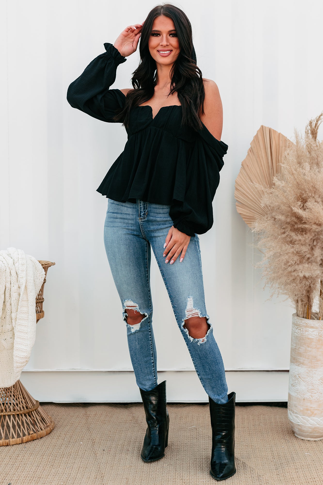 Kathryn Off The Shoulder Long Sleeve Top (Black) - NanaMacs