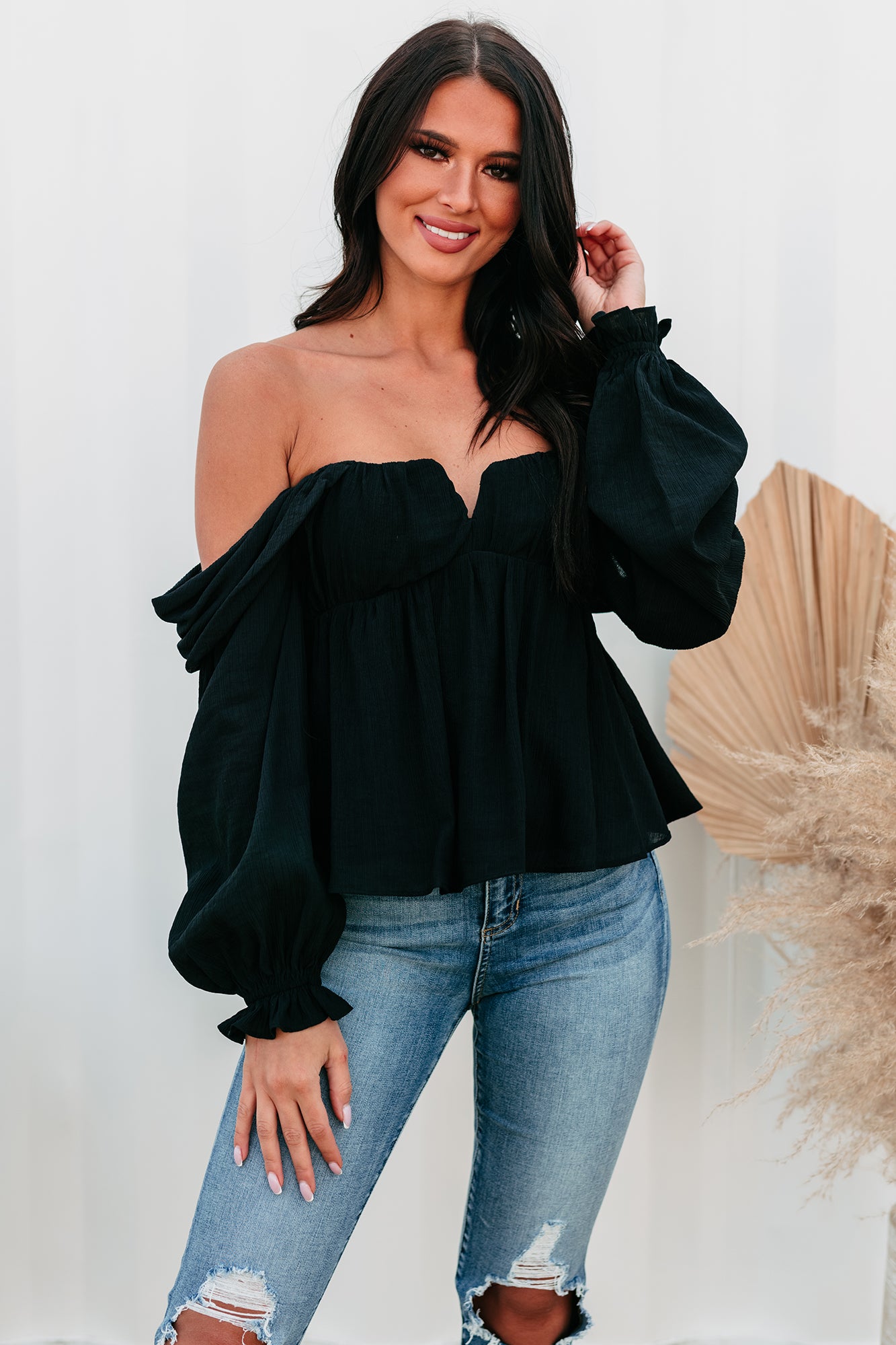 Kathryn Off The Shoulder Long Sleeve Top (Black) - NanaMacs