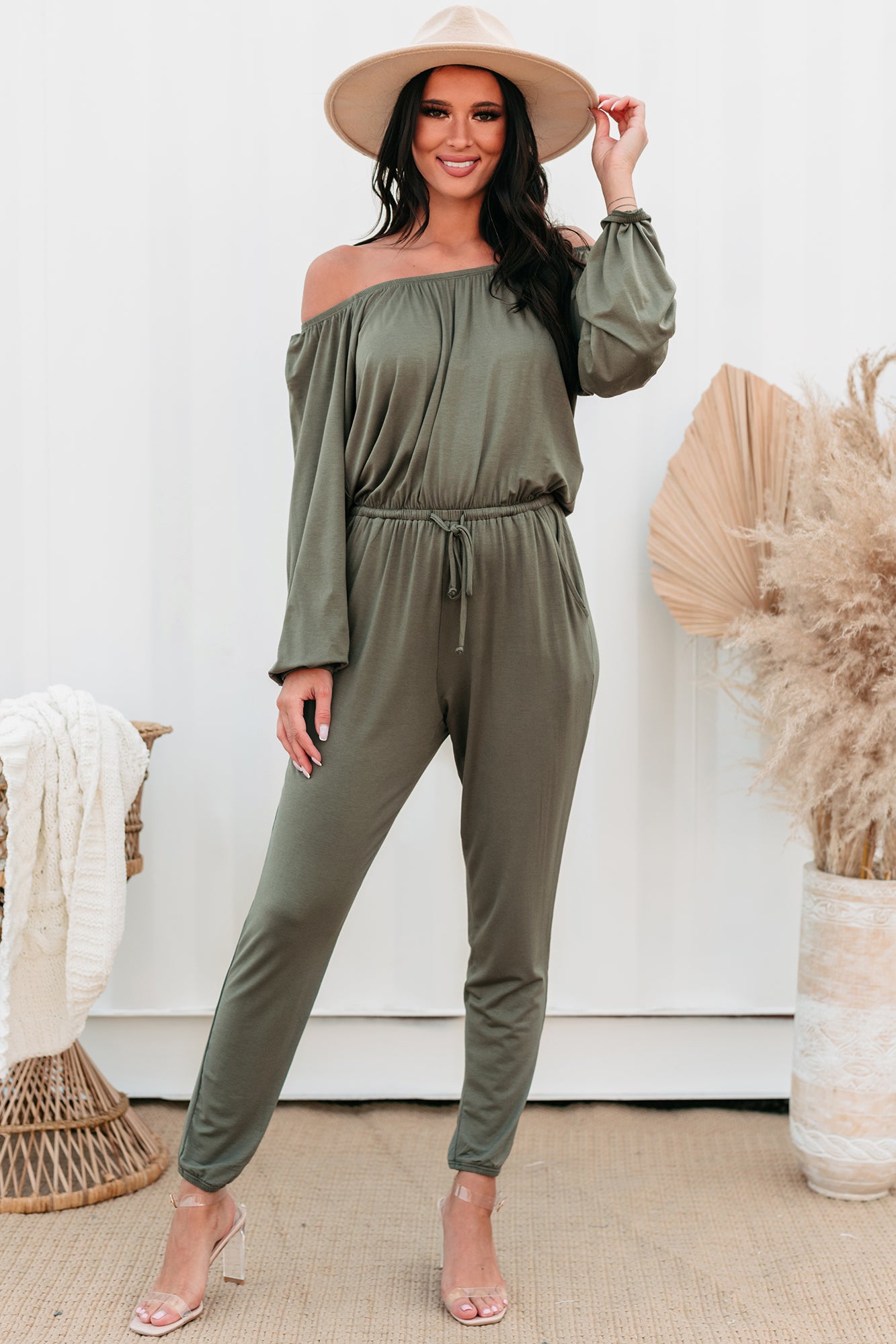 August Long Sleeve Off-The-Shoulder Jumpsuit (Army) - NanaMacs