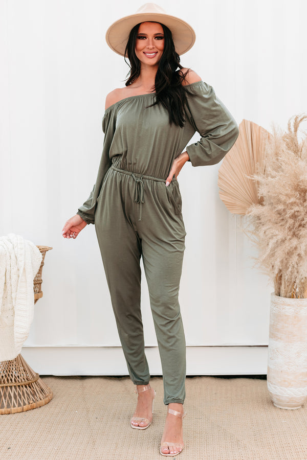August Long Sleeve Off-The-Shoulder Jumpsuit (Army) - NanaMacs