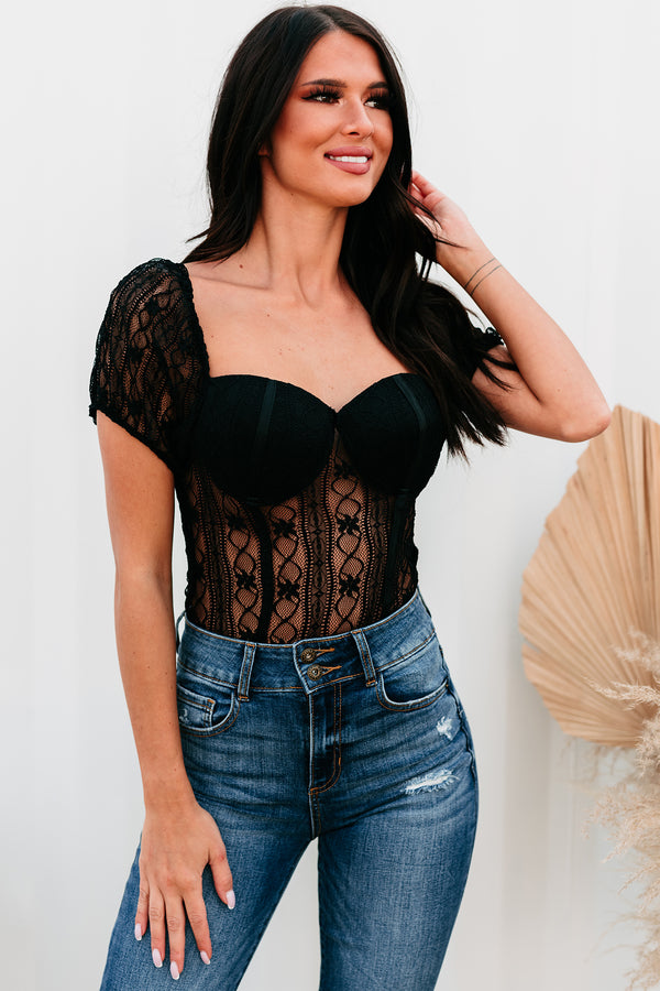 Ambrose Puff Sleeve Sheer Lace Bodysuit (Black) - NanaMacs