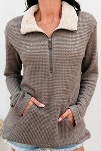 Marsha Waffle Knit Quarter-Zip Pullover (Mocha) - NanaMacs