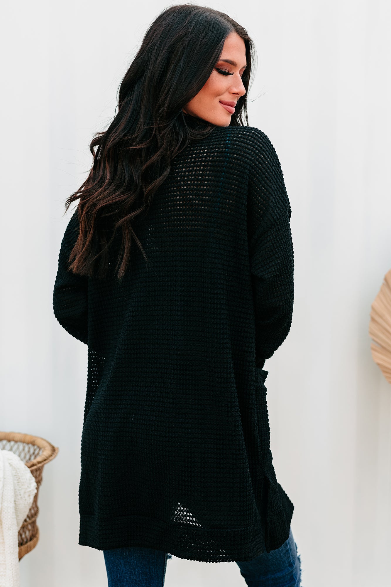 Some Day Soon Waffle Knit Cardigan (Black) - NanaMacs