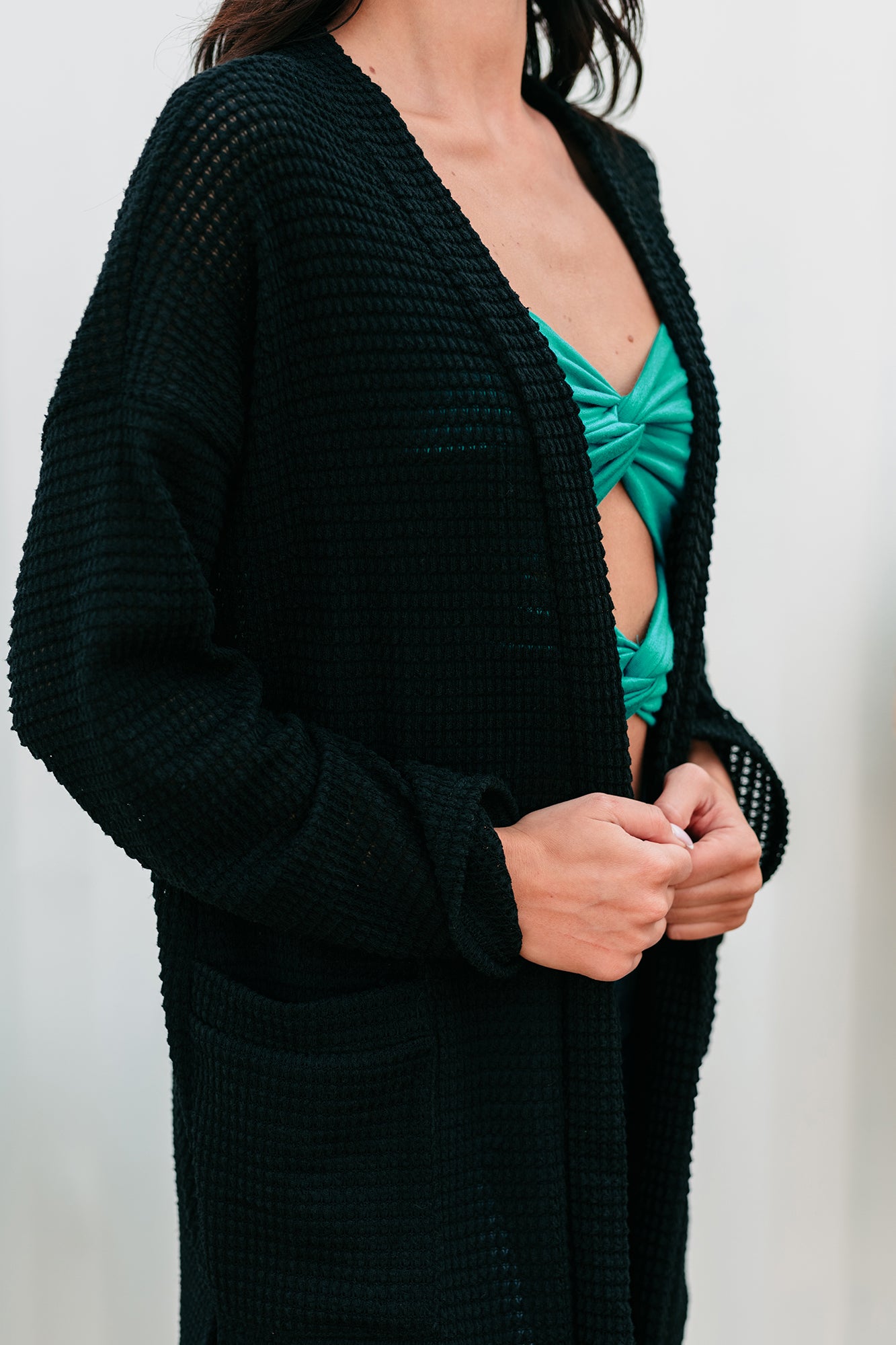 Some Day Soon Waffle Knit Cardigan (Black) - NanaMacs