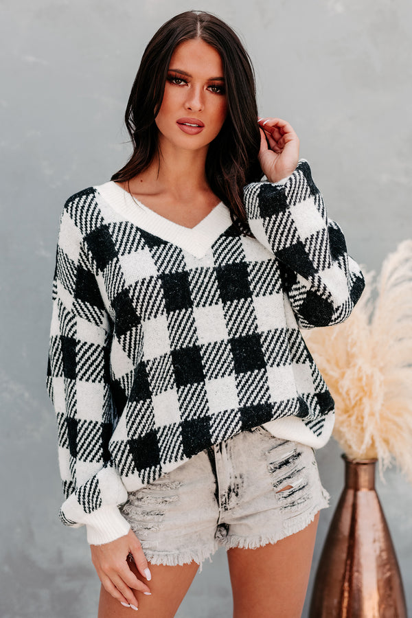 "Breaking Plaid" Plaid V-Neck Sweater (Black) - NanaMacs