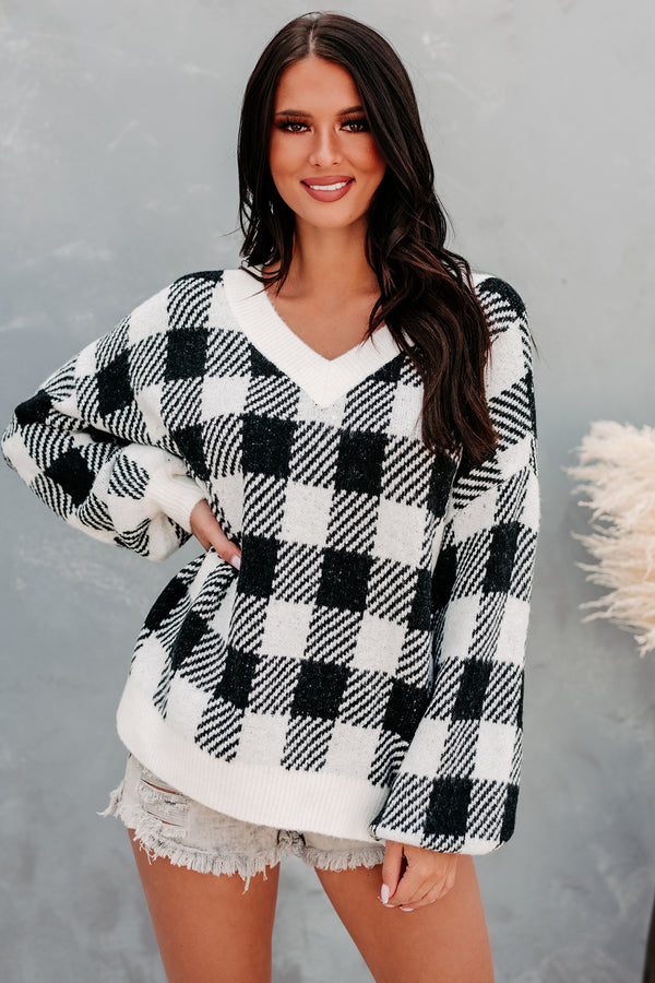 "Breaking Plaid" Plaid V-Neck Sweater (Black) - NanaMacs